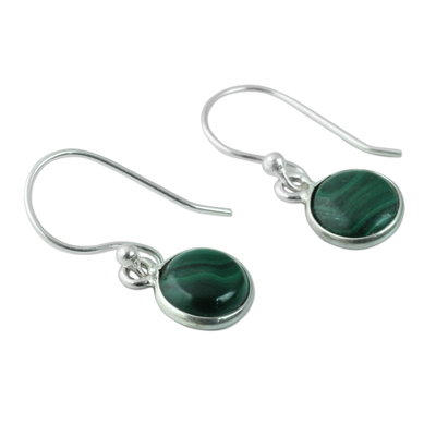 Sterling silver and malachite dangle earrings, 'Malachite Spheres' - High Polish Sterling Silver and Malachite Dangle Earrings