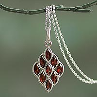 Garnet pendant necklace, 'Radiant Honeycomb' - Hand Crafted Sterling Silver and Garnet Pendant Necklace