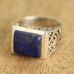 Lapis lazuli single stone ring, 'Gracious Blue' - Sterling Silver Lapis Lazuli Ring with Nature Motif