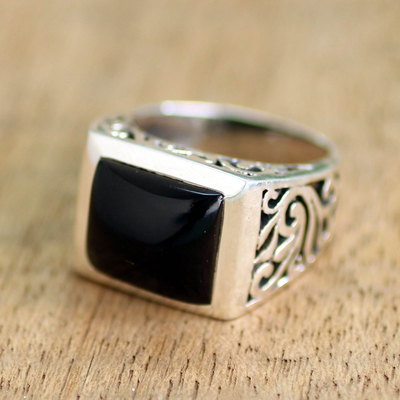 Onyx-Einzelsteinring - Ring aus schwarzem Onyx aus Sterlingsilber mit Naturmotiv
