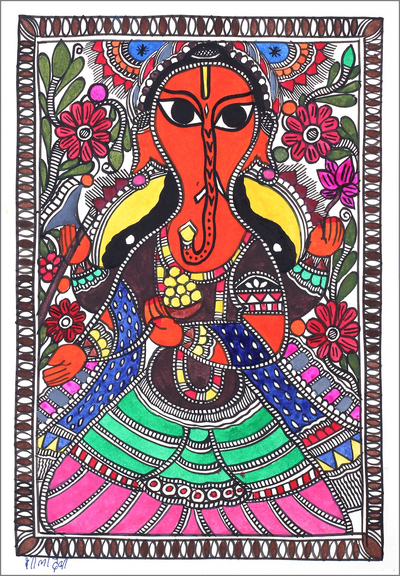 Signed Madhubani Folk Art Painting of Ganesha - Magnificent Ganapati ...