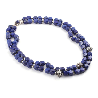Lapiz lazuli beaded necklace, 'Royal Whisper' - Sterling Silver Lapis Lazuli Beaded Necklace from India