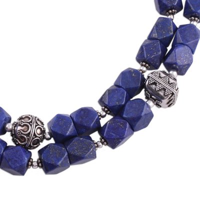 Lapiz lazuli beaded necklace, 'Royal Whisper' - Sterling Silver Lapis Lazuli Beaded Necklace from India