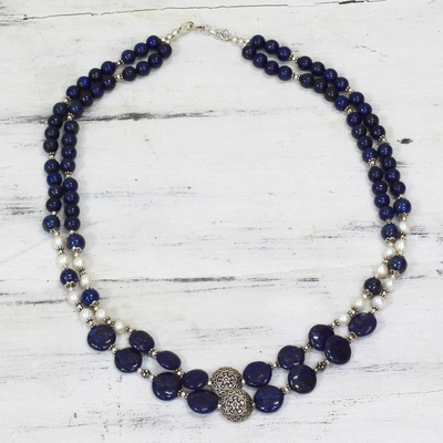 Lapis lazuli and cultured pearl beaded necklace, 'Timeless Beauty' - Lapis Lazuli Cultured Pearl Beaded Necklace from India