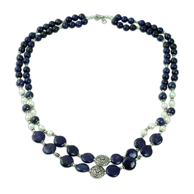 Collar de cuentas de lapislázuli y perlas cultivadas - Collar de cuentas de perlas cultivadas de lapislázuli de la India