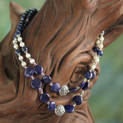 Collar de cuentas de lapislázuli y perlas cultivadas - Collar de cuentas de perlas cultivadas de lapislázuli de la India