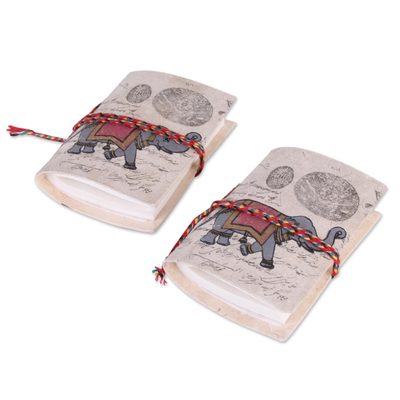 Paper mini-journals, 'Royal Stride' (pair) - 2 Handmade Paper Journals from India with Marching Elephants