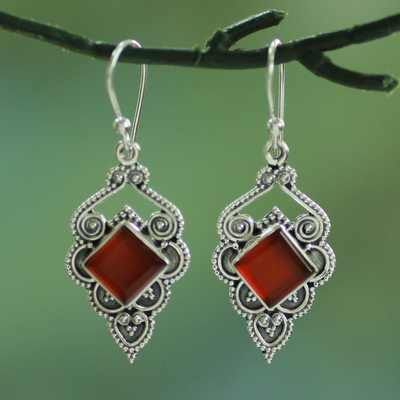 Carnelian dangle earrings, 'Glorious Orange' - Artisan Crafted Carnelian Dangle Earrings from India