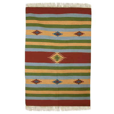 Wool dhurrie rug, 'Festival of Stars' (4x6) - Handwoven India Wool 4 by 6 Striped Dhurrie Rug