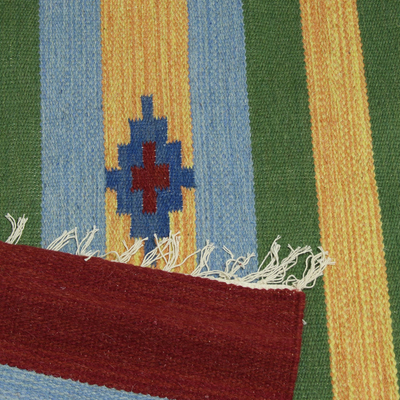 Alfombra de lana dhurrie, (4x6) - Alfombra Dhurrie a rayas de 4 x 6 de lana india tejida a mano