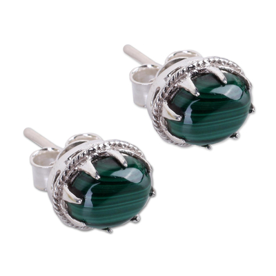 Malachite stud earrings, 'Morning Forest' - Sterling Silver and Deep Green Malachite Earrings