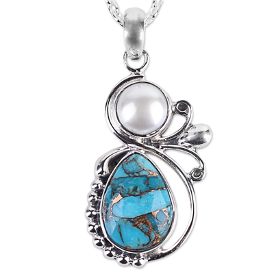 Cultured pearl pendant necklace, 'Joyous Blue Sky' - Cultured Pearl and Composite Turquoise Silver 925 Necklace