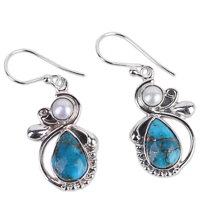 Cultured pearl dangle earrings, 'Joyous Blue Sky' - Silver 925 Cultured Pearl and Composite Turquoise Earrings