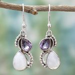 Amethyst and rainbow moonstone dangle earrings, 'Two Teardrops' - Silver and Rainbow Moonstone Earrings with Faceted Amethyst