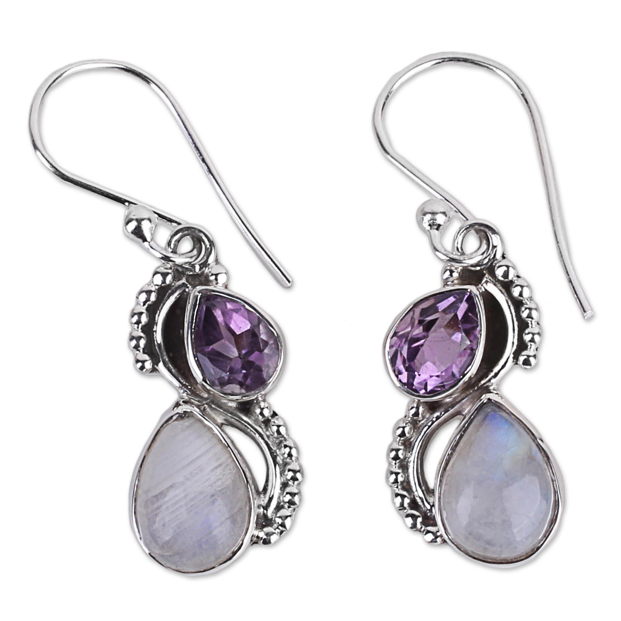 Silver and Rainbow Moonstone Earrings with Faceted Amethyst - Two ...