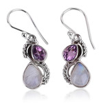 Amethyst and rainbow moonstone dangle earrings, 'Two Teardrops' - Silver and Rainbow Moonstone Earrings with Faceted Amethyst