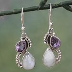 Amethyst and rainbow moonstone dangle earrings, 'Two Teardrops' - Silver and Rainbow Moonstone Earrings with Faceted Amethyst