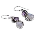 Amethyst and rainbow moonstone dangle earrings, 'Two Teardrops' - Silver and Rainbow Moonstone Earrings with Faceted Amethyst