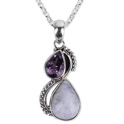 Amethyst and rainbow moonstone pendant necklace, 'Two Teardrops' - Silver and Rainbow Moonstone Necklace with Faceted Amethyst