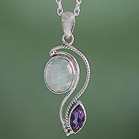 Amethyst and rainbow moonstone pendant necklace, 'Colorful Curves'