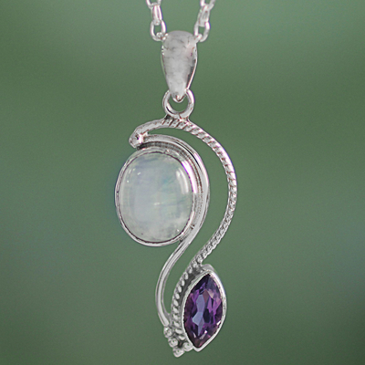 Amethyst and rainbow moonstone pendant necklace, Colorful Curves