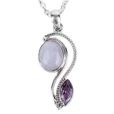 Amethyst and rainbow moonstone pendant necklace, 'Colorful Curves' - India Handcrafted Amethyst and Rainbow Moonstone Necklace