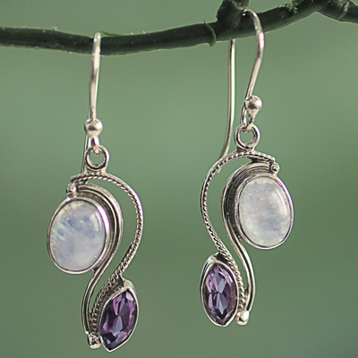 Amethyst and rainbow moonstone dangle earrings, 'Colorful Curves' - India Handcrafted Amethyst and Rainbow Moonstone Earrings