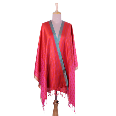 Silk shawl, 'Sweet Luxury' - Hand Woven Pink and Red  Striped 100% Silk Shawl from India