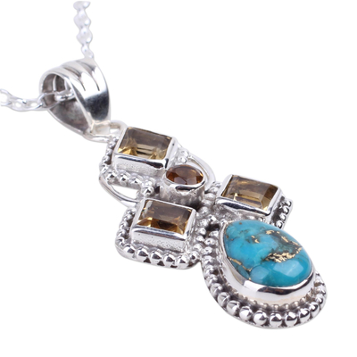 Citrine pendant necklace, 'Geometric Illusions in Yellow' - Citrine and Composite Turquoise Sterling Silver Necklace