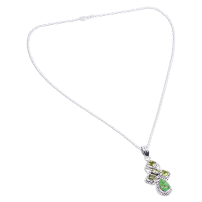 Halskette mit Peridot-Anhänger - Halskette aus grünem Peridot und zusammengesetztem türkisfarbenem Indien-Silber