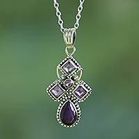 Amethyst pendant necklace, 'Geometric Illusions in Lilac' - Artisan Crafted Geometric Amethyst Pendant Necklace