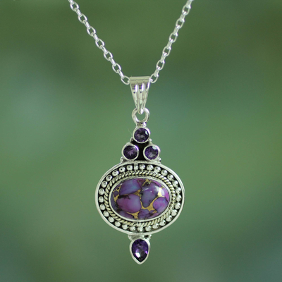 Amethyst pendant necklace, 'Luminous Lilac Sky' - Handmade  Amethyst and Composite Turquoise Necklace