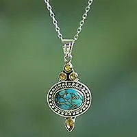 Citrine pendant necklace, 'Luminous Blue Sky' - Citrine and Composite Turquoise Pendant Necklace