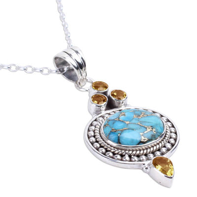 Citrine pendant necklace, 'Luminous Blue Sky' - Citrine and Composite Turquoise Pendant Necklace