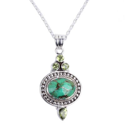 Peridot pendant necklace, 'Luminous Green Sky' - Peridot and Composite Turquoise Pendant Necklace