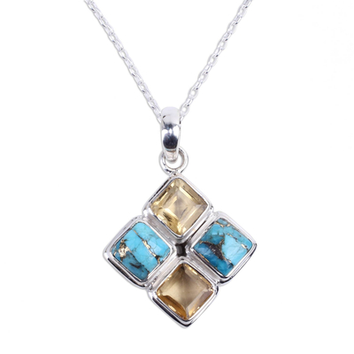 Citrine and composite turquoise pendant necklace, 'Sun Meets Sky' - Artisan Crafted Citrine and Composite Turquoise Necklace