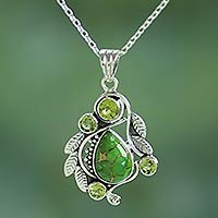 Peridot pendant necklace, 'Misty Green Forest' - Handmade Composite Turquoise and Peridot Necklace