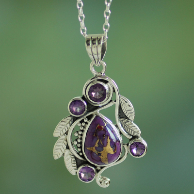 Amethyst pendant necklace, 'Purple Forest Mist' - India Handcrafted Composite Turquoise and Amethyst Necklace