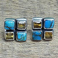 Citrine and Blue Composite Turquoise Button Earrings,'Harmonious Sky'