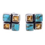 Citrine button earrings, 'Harmonious Sky' - Citrine and Blue Composite Turquoise Button Earrings