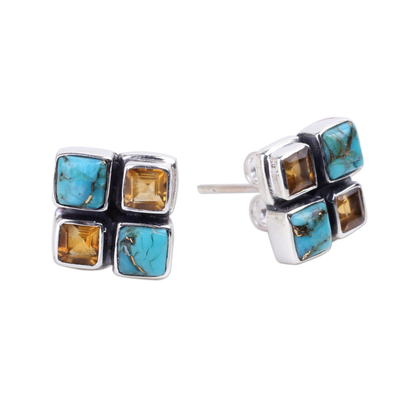 Citrine button earrings, 'Harmonious Sky' - Citrine and Blue Composite Turquoise Button Earrings
