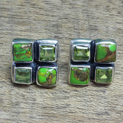 Peridot button earrings, Forest Delight