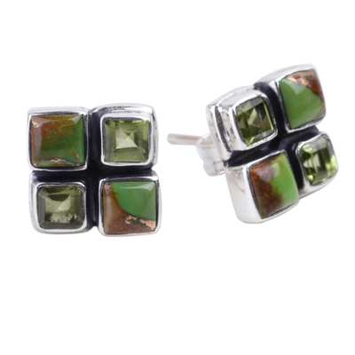 Ohrringe mit Peridot-Knopf - Ohrringe mit Knöpfen aus Peridot und grünem Komposit-Türkis