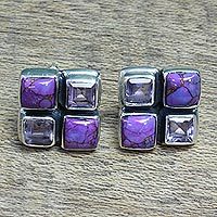 Pendientes de botón de amatista, 'Lilac Bliss' - Pendientes de botón turquesa compuestos de amatista y púrpura