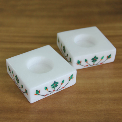 Teelichthalter aus Marmor, (Paar) - Quadratische Teelichthalter aus Marmor mit grünen Blüten (Paar)
