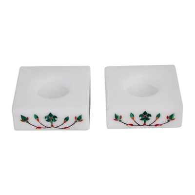 Teelichthalter aus Marmor, (Paar) - Quadratische Teelichthalter aus Marmor mit grünen Blüten (Paar)