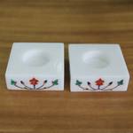 Marble tealight holders, 'Blooming Buds in Red' (pair) - Square Marble Tealight Holders with Red Blooming Bud (Pair)