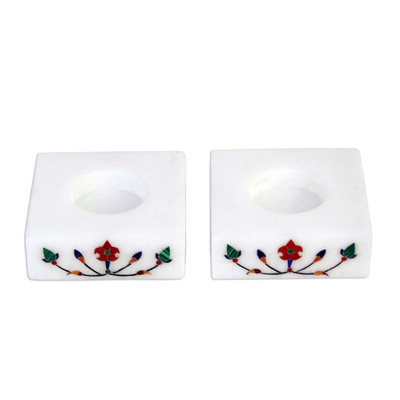 Marble tealight holders, 'Blooming Buds in Red' (pair) - Square Marble Tealight Holders with Red Blooming Bud (Pair)