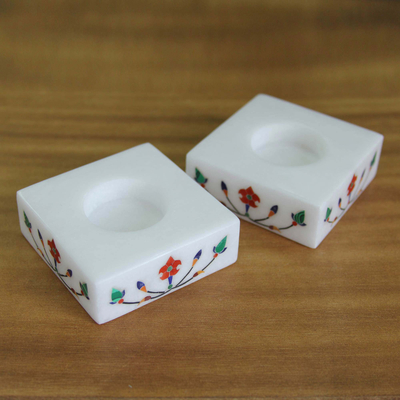 Teelichthalter aus Marmor, (Paar) - Quadratische Teelichthalter aus Marmor mit rot blühender Knospe (Paar)