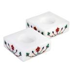 Marble tealight holders, 'Blooming Buds in Red' (pair) - Square Marble Tealight Holders with Red Blooming Bud (Pair)